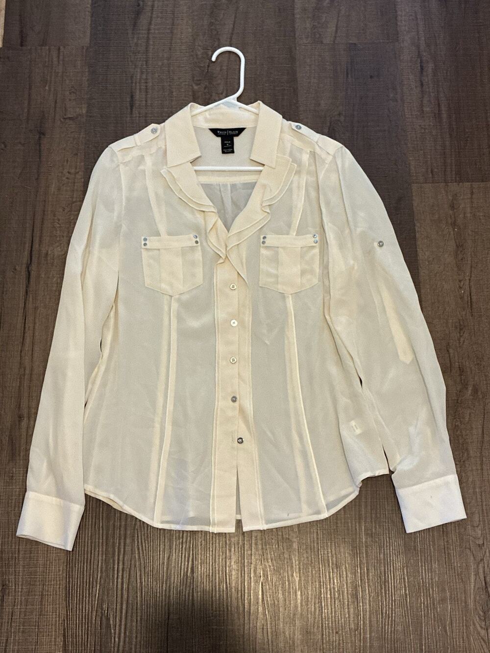 White House Black Market Women's 8 Cream 100% Silk Chiffon Button Blouse